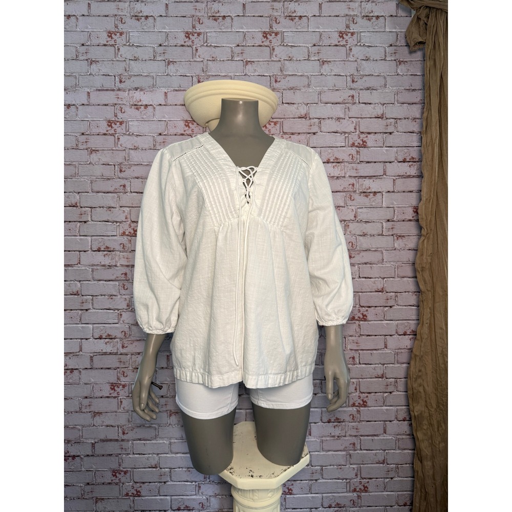 Lucky Brand White Cotton Lace Up Peasant Blouse Pintuck 3/4 Balloon Sleeve XXL